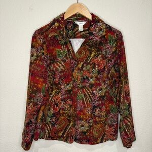 CJ Banks Floral Jacket Button Up Suede-like Brown Red Gold Women’s Size X (14W)